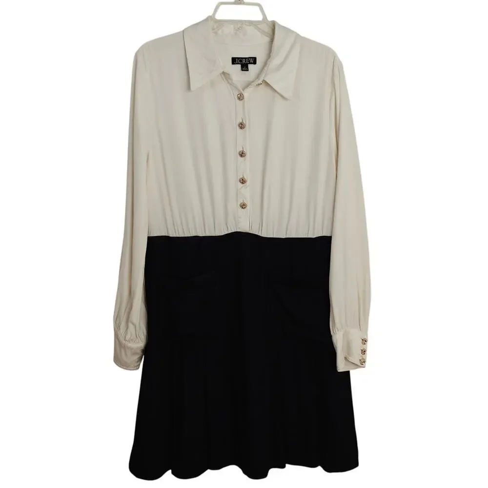 J Crew Button Front Crepe Shirt Dress Size 14 Black Ivory Pockets Preppy Career